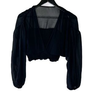 Anthropologie Blouse Cropped Top Sheer Balloon Sleeve Black OB1542695